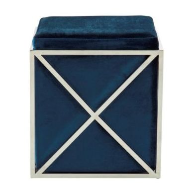 Georgia Velvet Upholstered Accent Stool In Blue With Silver Frame