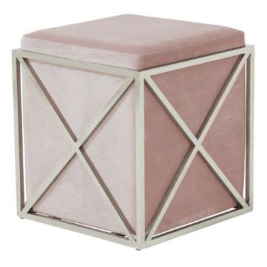 Georgia Velvet Upholstered Accent Stool In Pink With Silver Frame