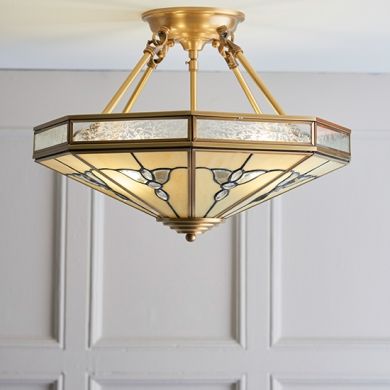 Gladstone 4 Lights Tiffany Glass Semi Flush Ceiling Light In Antique Brass