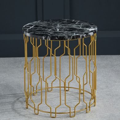 Grace Round Wooden End Table In Black Marble Effect