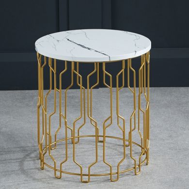 Grace Round Wooden End Table In White Marble Effect