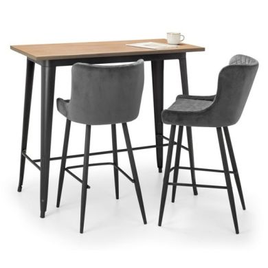 Grafton Bar Set In Mocha Elm With 2 Luxe Grey Velvet Bar Stools