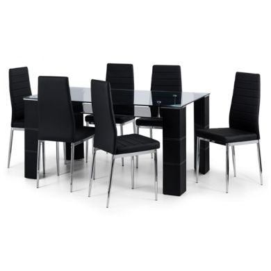 Greenwich Clear Glass Dining Table With 6 Black Faux Leather Chairs