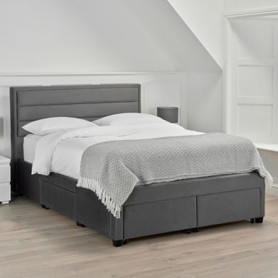 Greenwich Velvet Double Bed With Drawers In Grey