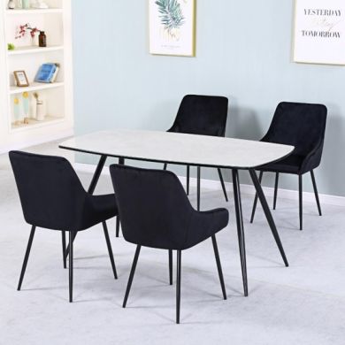 Handan Marble Effect Glass Dining Set With 4 Velvet Black Chairs