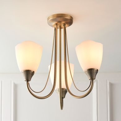 Haughton 3 Lights Opal Glass Semi Flush Ceiling Light In Antique Brass