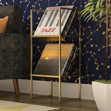 Helix Vinyl Record Storage Stand In Gold With 2 Shelves