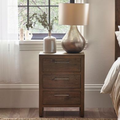 Heritage Wooden Bedside Cabinet With 3 Drawers In Reclaimed Pine