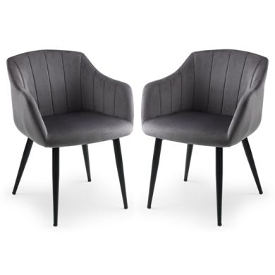 Hobart Scalloped Grey Velvet Dining Chairs In Pair