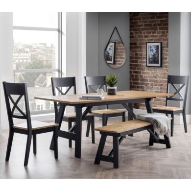 Hockley Dining Table In Black And Oak With Bench And 4 Chairs