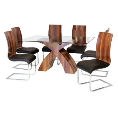 Holte Clear Glass Dining Set With Walnut Legs And 6 Chairs