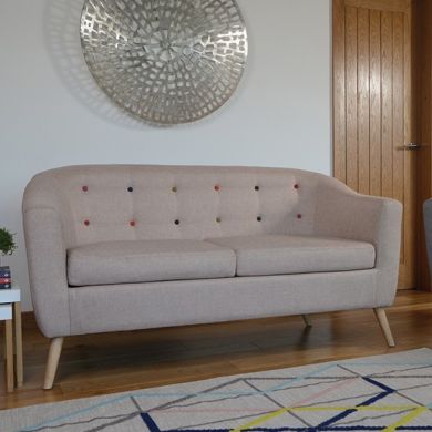 Hudson Linen Upholstered Buttoned 2 Seater Sofa In Beige