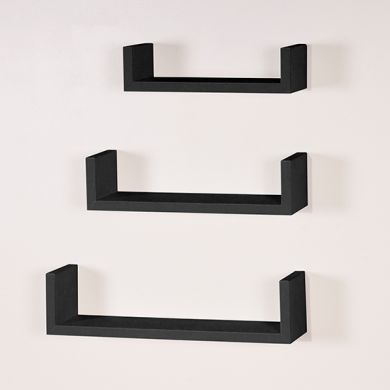 Hudson Wooden Set Of 3 Floating U Shape Wall Shelves In Matt Black