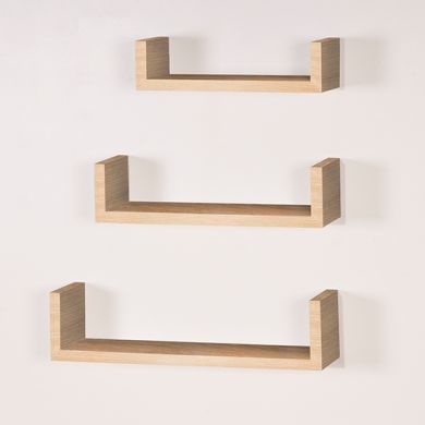 Hudson Wooden Set Of 3 Floating U Shape Wall Shelves In Oak Effect