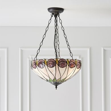 Hutchinson Medium Inverted Tiffany Glass 3 Lights Ceiling Pendant Light In Dark Bronze