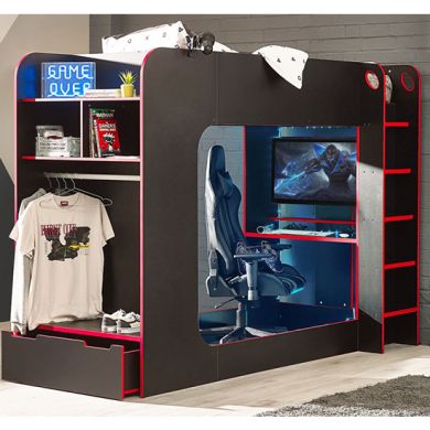Impact Bunk Bed With Gaming Computer Desk In Black And Red