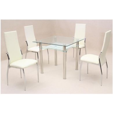 Jazo Clear Glass Dining Set With 4 Cream Lazio Chairs