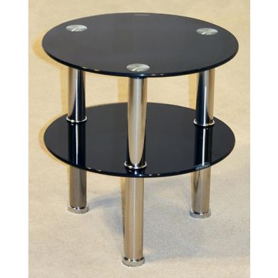 Kansas Round Black Glass Lamp Table With 2 Shelves And Chrome Legs