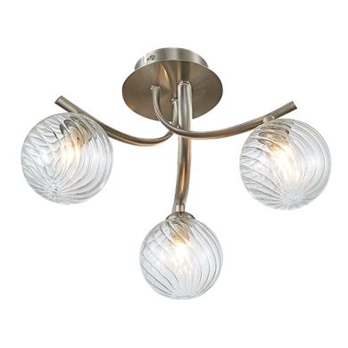 Kettlewell 3 Grooved Swirls Glass Globe Bulbs Flush Ceiling Light In Satin Nickel