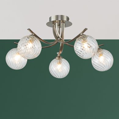Kettlewell 5 Grooved Swirls Glass Globe Bulbs Flush Ceiling Light In Satin Nickel
