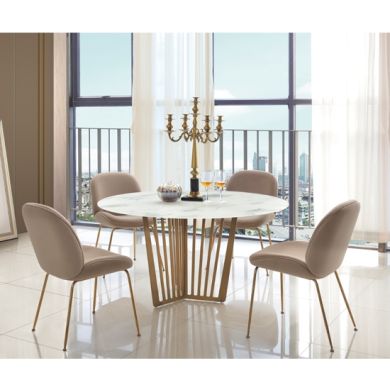 Kilmar Marble Effect Glass Dining Set In White With 4 Sand Velvet Chairs