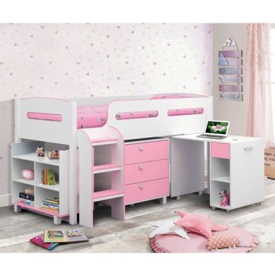 Kimbo Wooden Cabin Bed In Matt White And Pink