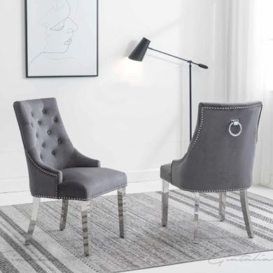 Knightsbridge Knocker Dark Grey Velvet Upholstered Dining Chairs In Pair