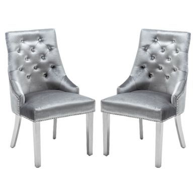Knightsbridge Knocker Shimmer Grey Velvet Upholstered Dining Chairs In Pair