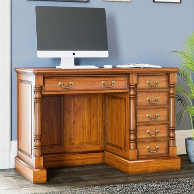 La Reine Wooden Single Pedestal Computer Desk In Distressed Light Brown