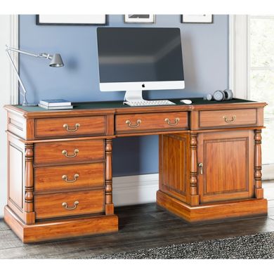 La Reine Wooden Twin Pedestal Computer Desk In Distressed Light Brown