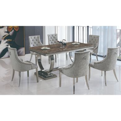 Langa Natural Stone Marble Dining Set With 6 Fabric Chairs
