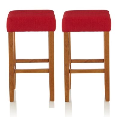 Lantana Red Fabric Upholstered Bar Stools With Oak Legs In Pair