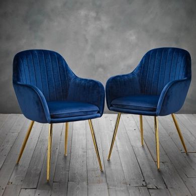 Lara Royal Blue Velvet Dining Chairs In Pair With Gold Legs