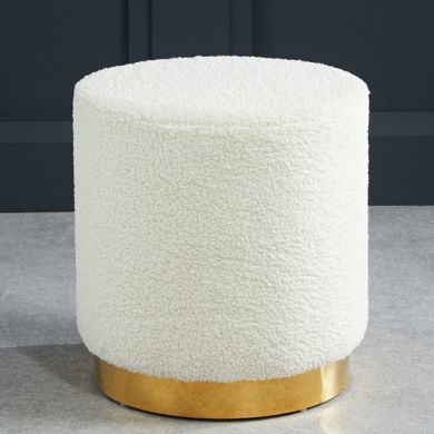 Lara Small Boucle Fabric Upholstered Pouffe In Ted White With Gold Base