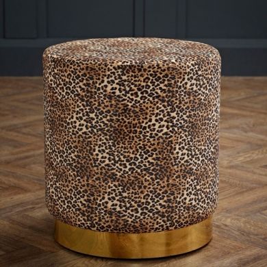 Lara Velvet Upholstered Pouffe In Leopard Print