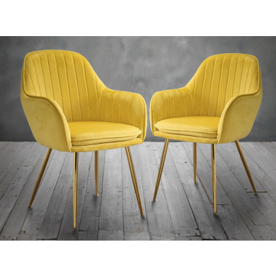 Lara Yellow Velvet Dining Chairs In Pair With Gold Legs