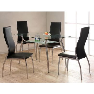Lazio Clear Glass Dining Set With 4 PU Black Chairs