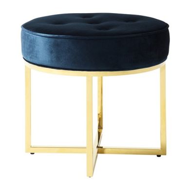 Lena Velvet Upholstered Accent Stool In Blue With Gold Legs