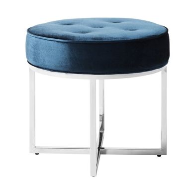 Lena Velvet Upholstered Accent Stool In Blue With Silver Legs