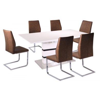 Leona Extending Dining Set In White High Gloss With 6 PU Brown Chairs