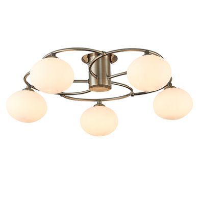 Leyburn 5 Opal Glass Globe Bulbs Flush Ceiling Light In Antique Brass