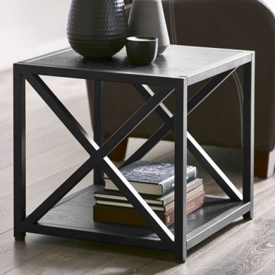 Lima Wooden Lamp Table In Black Ash With Black Metal Frame