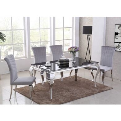 Liyana Black Glass Top Marble Dining Table With 4 Liyana Grey Chairs