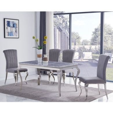 Liyana Large White Marble Dining Table With 6 Liyana Grey Chairs