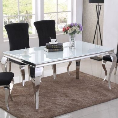 Liyana White Glass Dining Table With Chrome Metal Legs