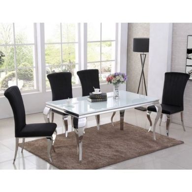 Liyana White Glass Top Marble Dining Table With 4 Liyana Black Chairs