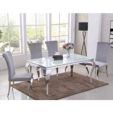 Liyana White Glass Top Marble Dining Table With 4 Liyana Grey Chairs