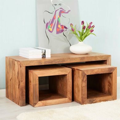 Toko Solid Mango Wood Set Of 3 Coffee Tables In Light Mahogany