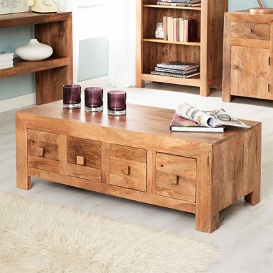Toko Solid Mango Wood Coffee Table With 8 Drawers In Light Mahogany