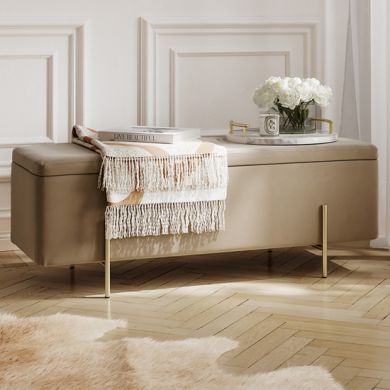 Lola Velet Storage Ottoman In Beige With Brushed Gold Legs